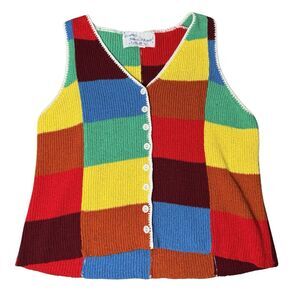 Vintage 70s Retro Colorblock Cottage Clown Kidcore Granny Knit Patchwork Vest L